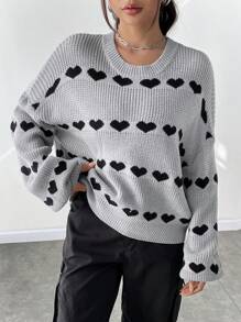 SHEIN Unity Heart Pattern Drop Shoulder Knit Pullover Fall Winter Sweater - Multicolor - View 4