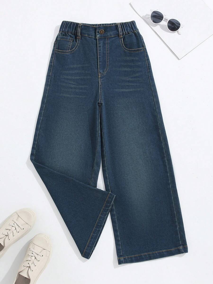 女童休闲直筒阔腿破洞牛仔裤，适合全年外出、聚会和派对