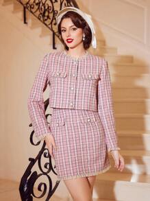 SHEIN DECDS 格紋圖案毛邊緣粗花呢半身裙 - 彩色 - 查看 5