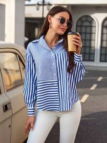 SHEIN LUNE Striped Print Drop Shoulder Shirt - Blue - View 4