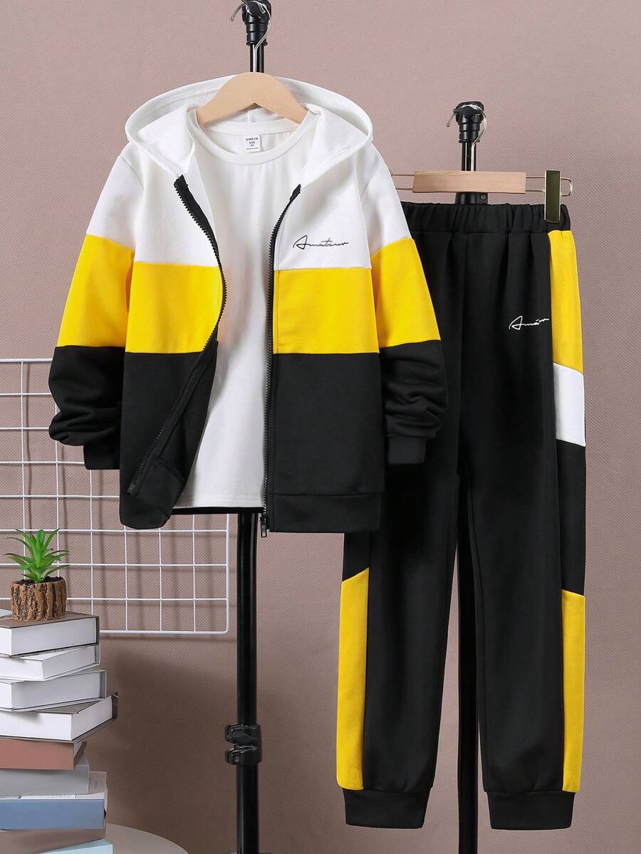 SHEIN Conjunto de moletom com capuz e calça de moletom para meninos pré-adolescentes, lã espessada, casual, solta, bloco de cores