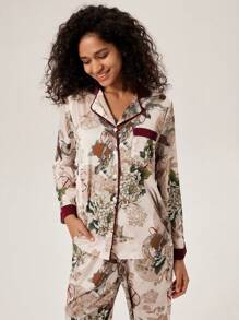 LUVLETTE 秋冬花卉图案中国水墨花卉印花缎面长款女士睡衣套装女士休闲套装内衣秋季睡衣 - 摩卡棕 - 查看 4