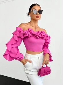 SHEIN Privé Off Shoulder Ruffle Trim Lantern Sleeve Going Out Black Crop Top - Hot Pink - View 6