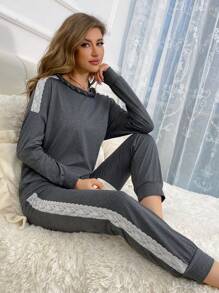 拼接側邊接縫落肩袖睡衣套裝 - 灰色 - 查看 1