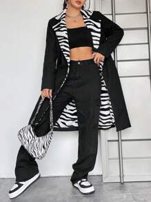 SHEIN EZwear 斑馬條紋西裝領斜口袋花呢外套 - 黑與白 - 查看 4