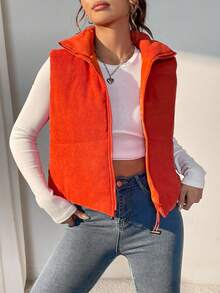 SHEIN Essnce 抽绳下摆拉链背心加厚棉服外套衣服冬季 - 亮橙色 - 查看 6