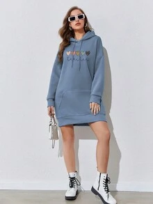 SHEIN EZwear 愛心和字母圖案袋鼠口袋落肩袖抽繩連帽洋裝 - 藍色 - 查看 5