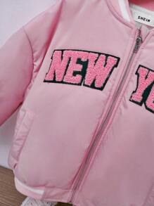 SHEIN Young Girl Letter Graphic Striped Trim Drop Shoulder Bomber Jacket