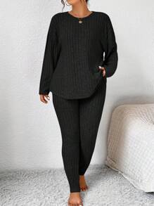 SHEIN Frenchy 女士秋季服装返校运动套装简约简约紧身纹理打底裤和长袖上衣套装女士加大两件套 - 黑色 - 查看 5