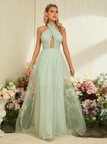 交叉露背網紗正式洋裝 - 薄荷綠 - 查看 4