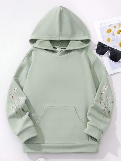 SHEIN Genkimix Kids 少女碎花袋鼠口袋抽绳保暖卫衣