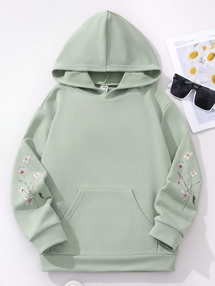 Tween Girl Floral Kangaroo Pocket Drawstring Thermal Sweatshirt