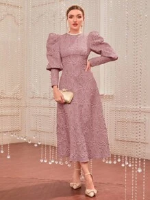 Modelyn Gigot Sleeve Jacquard Floral Pattern Lace Dress - Dusty Pink - View 4