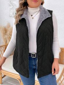 SHEIN LUNE Plus Teddy Lined Vest Quilted Coat - Black - View 3