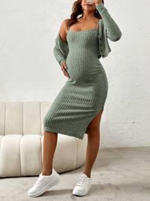 SHEIN Maternity Button Front Cami Dress With Long Sleeve Coat