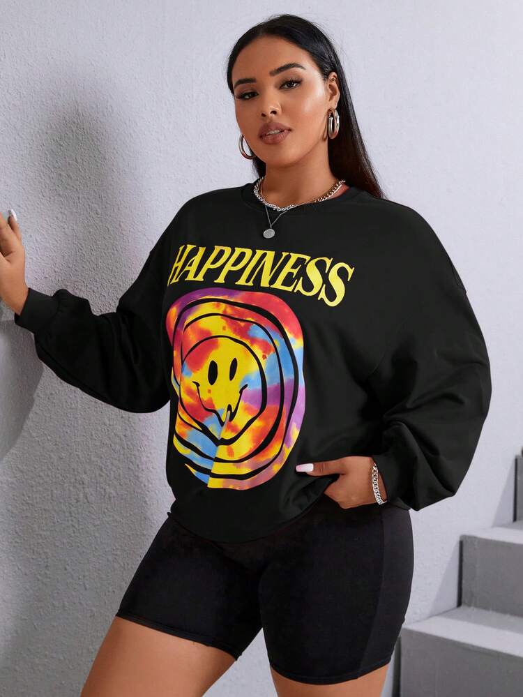 Plus Cartoon & Letter Graphic Drop Shoulder Sweatshirt