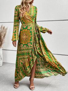 SHEIN VCAY Scarf Print Knot Side Wrap Dress - Green - View 3