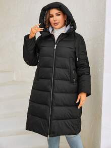MIEGOFCE Plus Size Women Zipper Drawstring Hooded Long Sleeve Long Winter Coat - Black - View 4