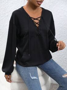 Chiquease Lace Up Front Kangaroo Pocket Drop Shoulder Sweatshirt - Black - View 5