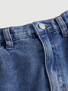 SHEIN 青少年女孩側翻蓋口袋工裝牛仔褲 - 中等水洗藍 - 查看 4