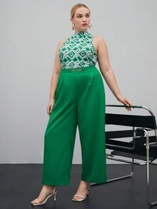 BizChic Plus Solid Wide Leg Pants - Green - View 4