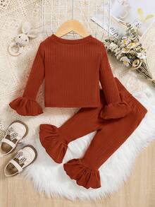 SHEIN 女嬰喇叭袖前紐扣T恤&喇叭褲 - 酒紅色 - 查看 2