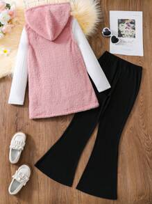 SHEIN 十幾歲女孩毛絨罩衣,長袖t恤,喇叭褲,3入組,不帶腰帶 - 彩色 - 查看 2
