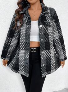 Flirla Plus Plaid Print Drop Shoulder Flap Pocket Coat - Black - View 4