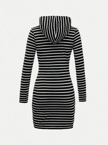 SHEIN Teen Girl Striped & Letter Graphic Hooded Dress - Black and White - View 2