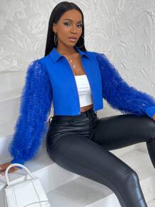 SHEIN Slayr Fuzzy Bảng Dây kéo Áo Jacket Crop - Màu xanh lam - Xem 5