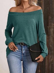 EMERY ROSE 一字肩插肩袖T恤 - 綠色 - 查看 3