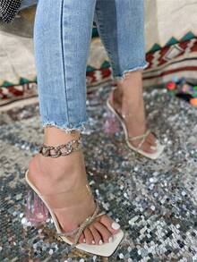 Zapatillas cristal tacón & con diseño de diamante de imitación de punta cuadrada para casual desgaste - Blanco - Ver 4