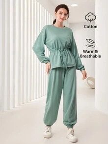 Mulvari Drop Shoulder Drawstring Waist Top & Sweatpants - Green - View 6