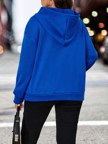 Calvaya 加大码标语图案落肩抽绳卫衣 - 寶藍色 - 查看 2