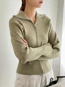 DAZY Zip Up Raglan Sleeve Ribbed Knit Cardigan,Long Sleeve Tops