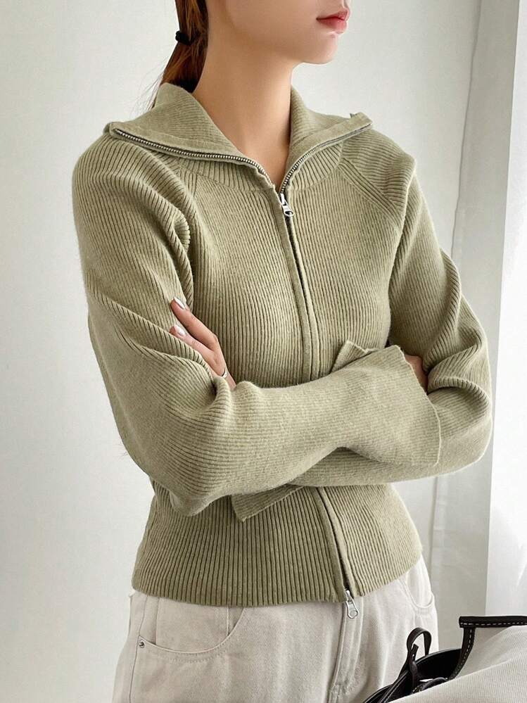 DAZY Zip Up Raglan Sleeve Ribbed Knit Cardigan,Long Sleeve Tops