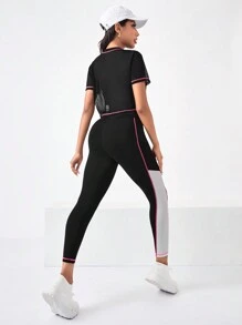 Gameset SHEIN Sport Colorblock Sports Tee & Phone Pocket Side Leggings Workout Women Set Women Leggings Set