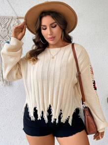 SHEIN VCAY Plus Floral Pattern Drop Shoulder Distressed Sweater - Multicolor - View 2