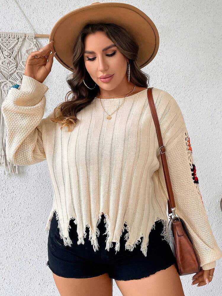 Plus Floral Pattern Drop Shoulder Distressed Sweater