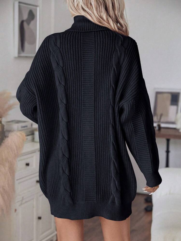 Turtleneck Cable Knit Drop Shoulder Sweater Dress Fall Winter Cloth For Women