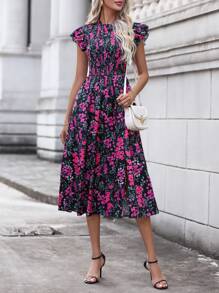 SHEIN LUNE In hoa áo tay bướm Tách đùi Đầm - màu đen - Xem 4