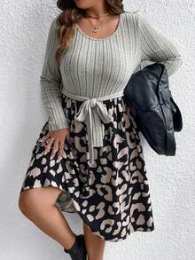 SHEIN LUNE Plus Leopard Print Belted Dress - Multicolor - View 4