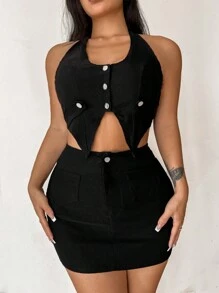 Zolique Button Front Halter Top & Bodycon Skirt - Black - View 4