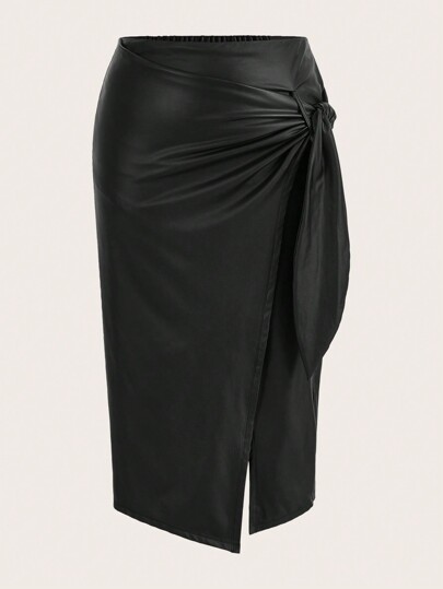Plus Twist Front PU Leather Wrap Knot Side Skirt