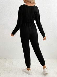 SHEIN 孕婦羅紋針織前結連身褲 - 黑色 - 查看 2