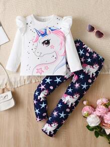 SHEIN Young Girl Unicorn Print Ruffle Trim Tee & Leggings - Multicolor - View 1
