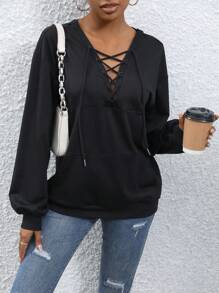 Chiquease Lace Up Front Kangaroo Pocket Drop Shoulder Sweatshirt - Black - View 6