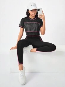 Gameset SHEIN Sport Colorblock Sports Tee & Phone Pocket Side Leggings Workout Women Set Women Leggings Set