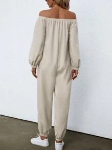 SHEIN Unity Off Shoulder Letter Graphic Jumpsuit - Apricot - View 2