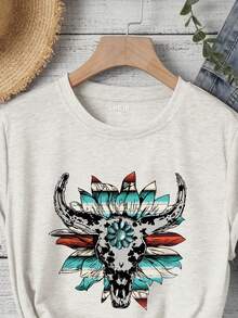 SHEIN LUNE 黃牛和印花T恤 - 米色 - 查看 3